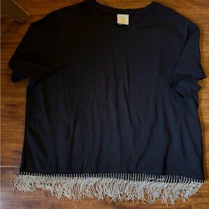 Black Short-Sleeve Top with Rhinestone Fringe